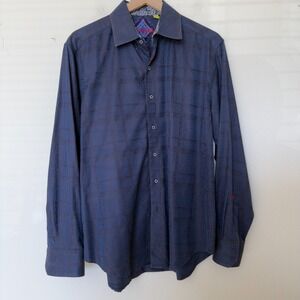 Robert Graham Men Button Down‎ Shirt Large Blue Long Sleeve Flip Cuff Jacquard